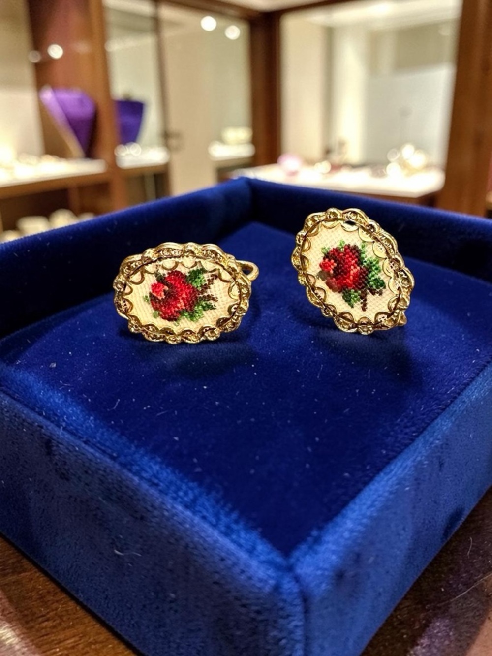 Vintage Petit Point Floral Cross-Stitch Earrings - Red Rose Accent